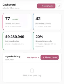 Vista previa del Dashboard de Lumière con métricas de turnos, pacientes e ingresos