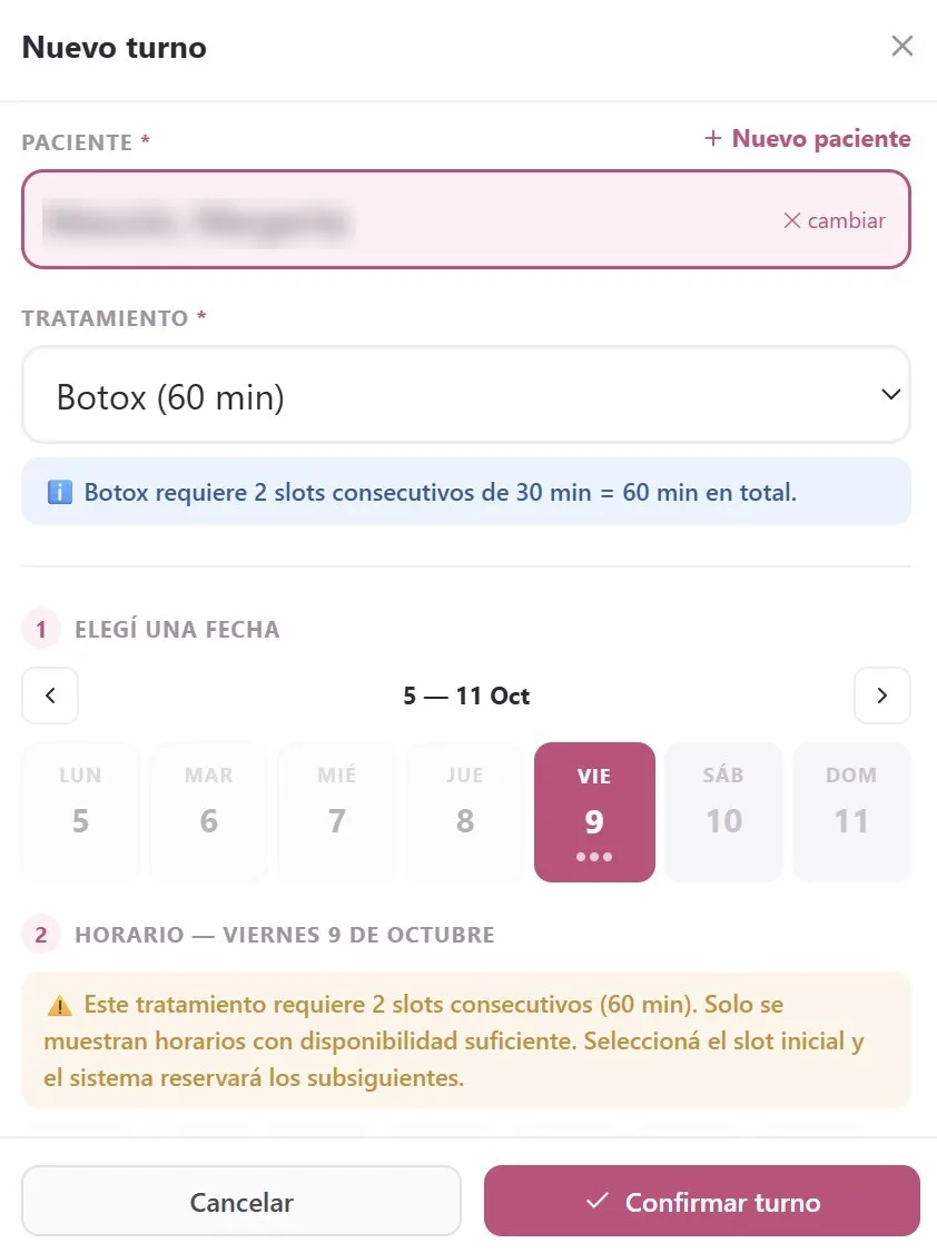Carga de un turno nuevo con slots consecutivos según el tratamiento